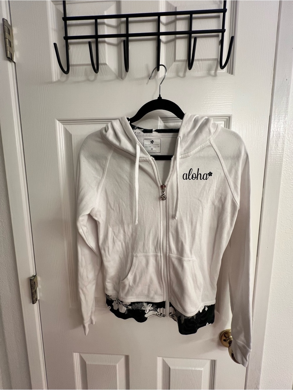 Aloha White Zip-Up Hoodie with Hood and Pockets